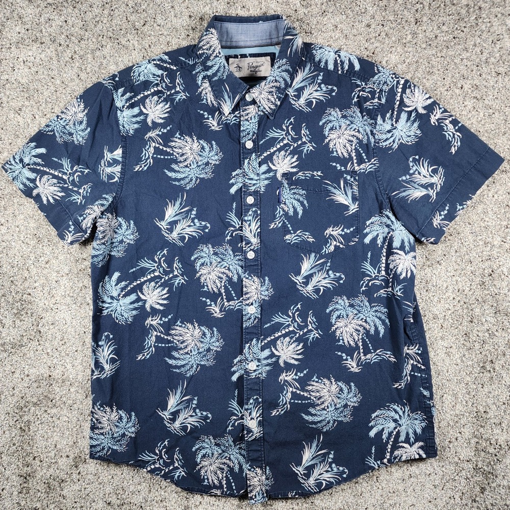 Original Penguin Button Down Mens Medium Navy Palm Tree Print Cotton Excellent